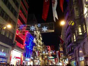 The main street, which is decorated in Christmas lights despite being an Islamic State...